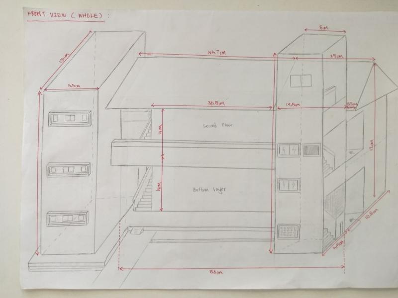 女童军根据建筑画出的三维立体画图纸，上面标满了尺寸。