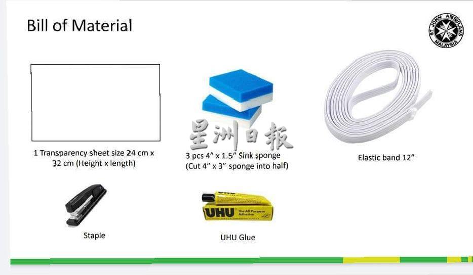 （一）制作防护面罩所需材料列表，分别有透明卡纸、海绵、弹性绑带、订书机和万能胶。（马来西亚圣约翰救伤队提供）