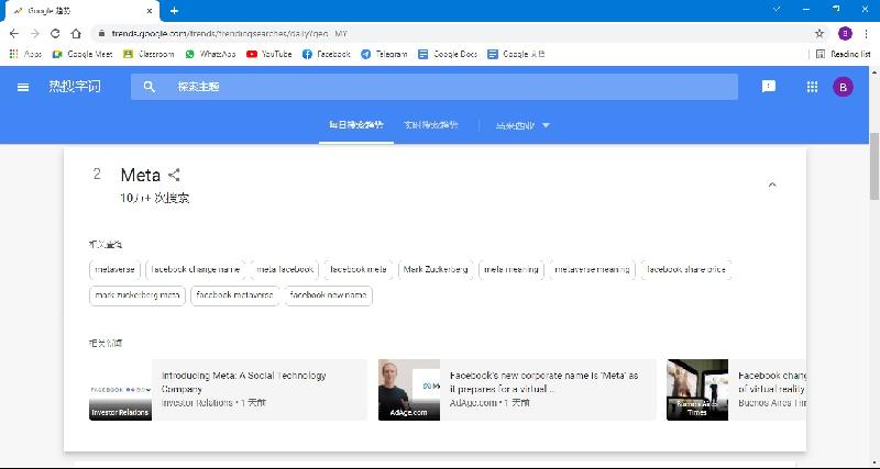 "Meta"成了Google马来西亚区10月29日热搜字词第二名。