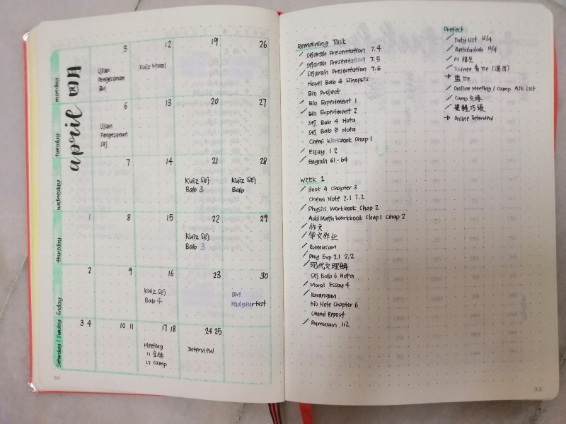 张敏雯每个月都会画日历，并把重要事项记录在小方框内（左），已完成或延迟的待办事项都会用不同的符合标明（右）。