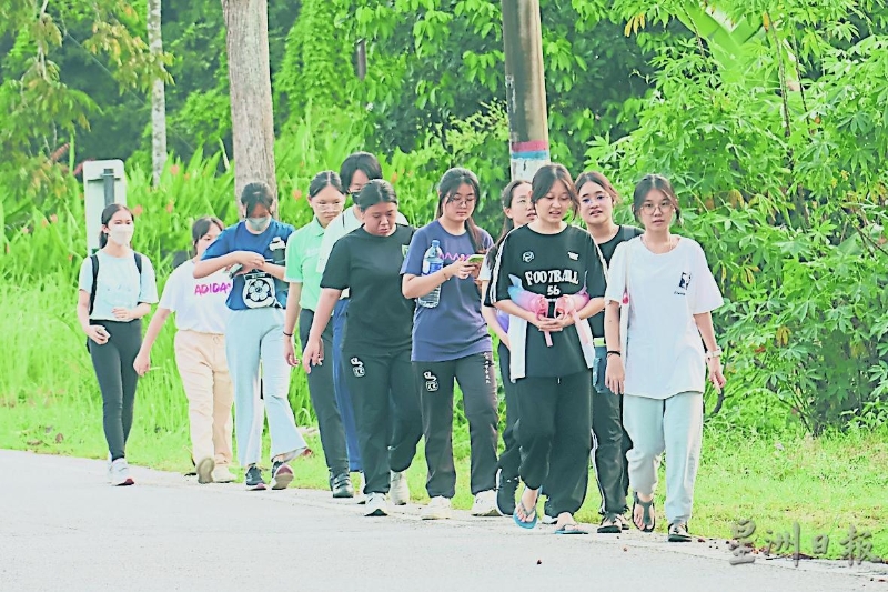 大家沿着路旁远足前往直落峇迪海边（Teluk Batik）。